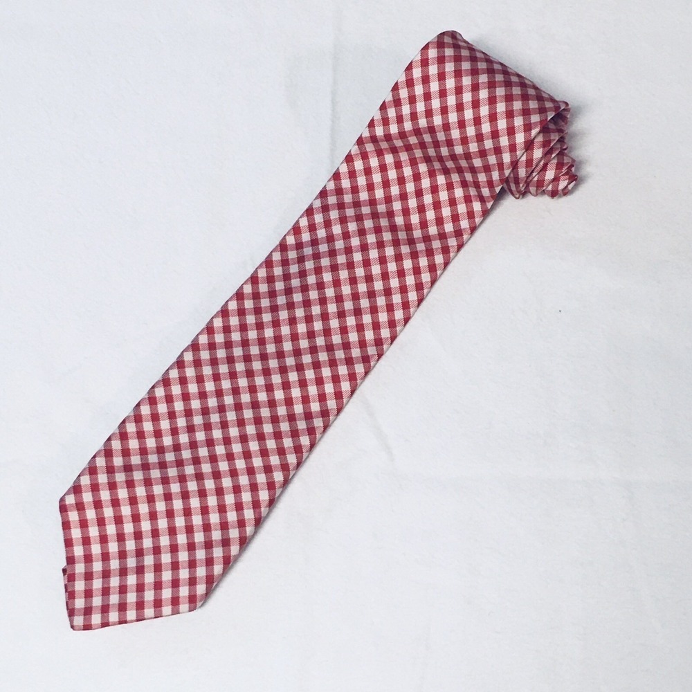 Tom James Mens 100% Silk Necktie Red White Gingham Summer Wedding Party Work Tie